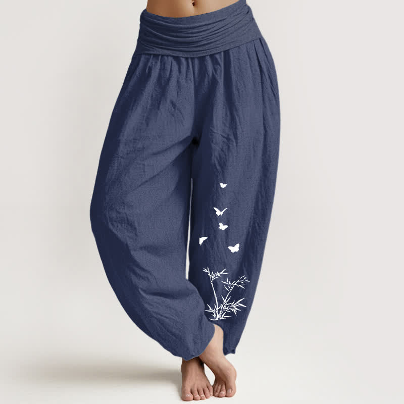 Nimara Ritual Pure Cotton Butterfly Bamboo Leaf Pattern Women's Elastic Waist Harem Pants