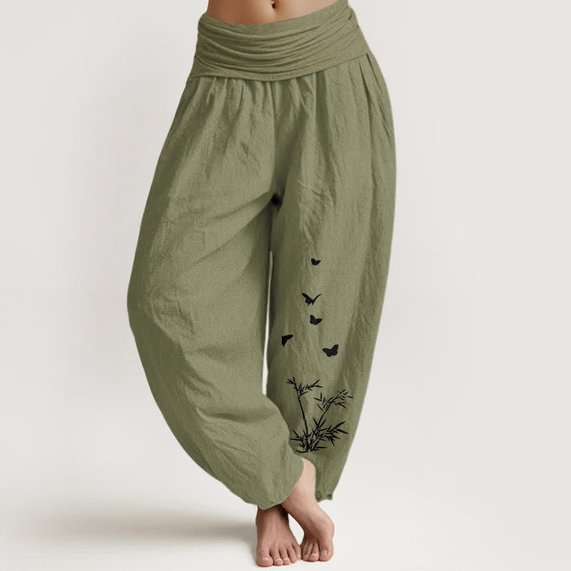 Nimara Ritual Pure Cotton Butterfly Bamboo Leaf Pattern Women's Elastic Waist Harem Pants