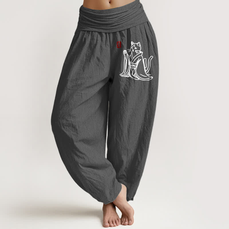 Nimara Ritual Pure Cotton Zen Cat Pattern Women's Elastic Waist Harem Pants