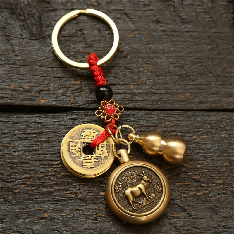 Nimara Ritual Copper Chinese Zodiac Five Emperor Coins Red String Wealth Keychains
