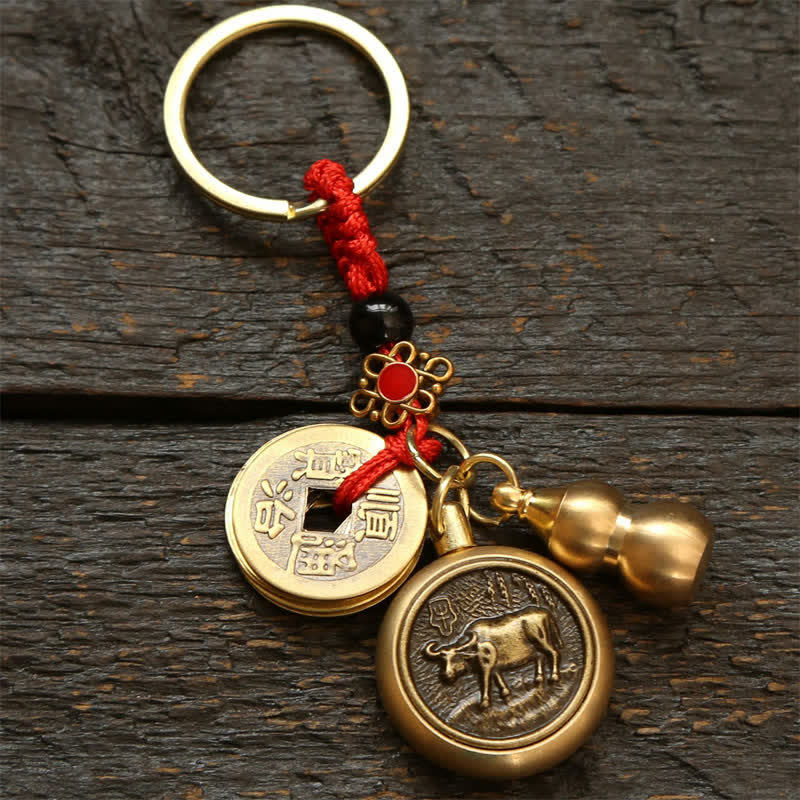 Nimara Ritual Copper Chinese Zodiac Five Emperor Coins Red String Wealth Keychains