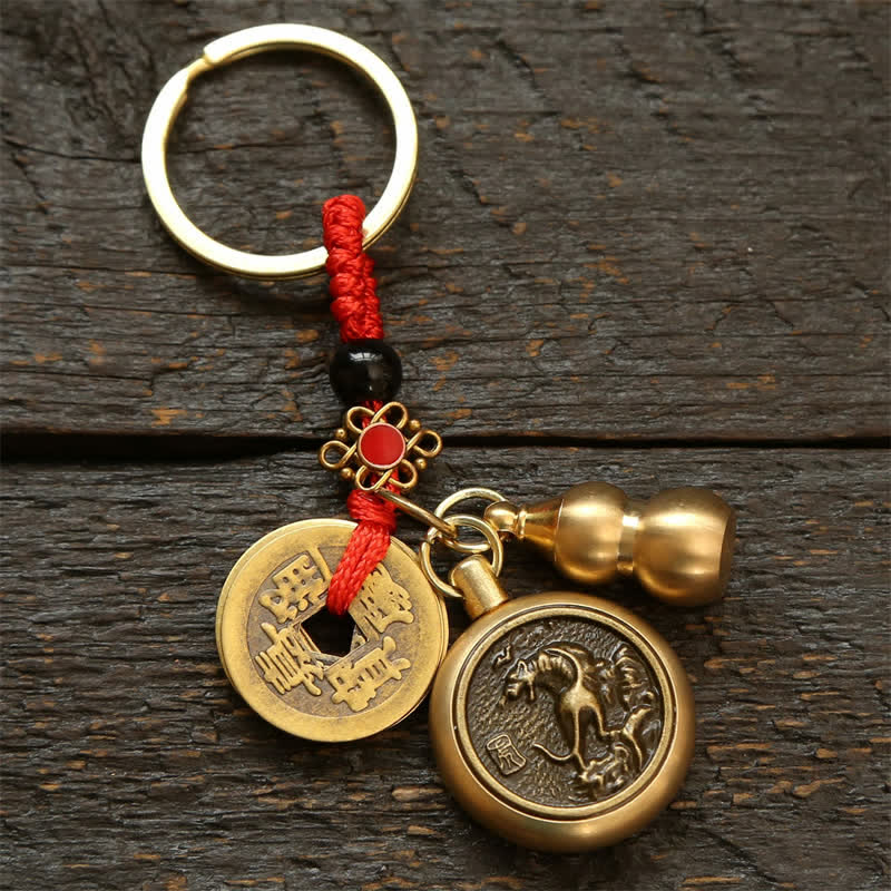 Nimara Ritual Copper Chinese Zodiac Five Emperor Coins Red String Wealth Keychains