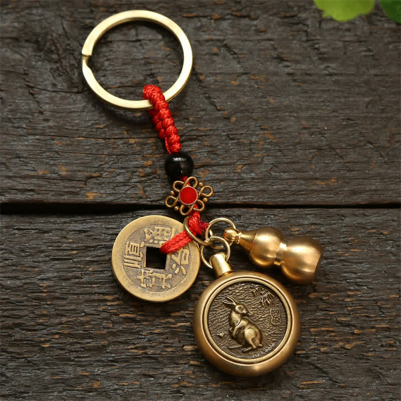 Nimara Ritual Copper Chinese Zodiac Five Emperor Coins Red String Wealth Keychains