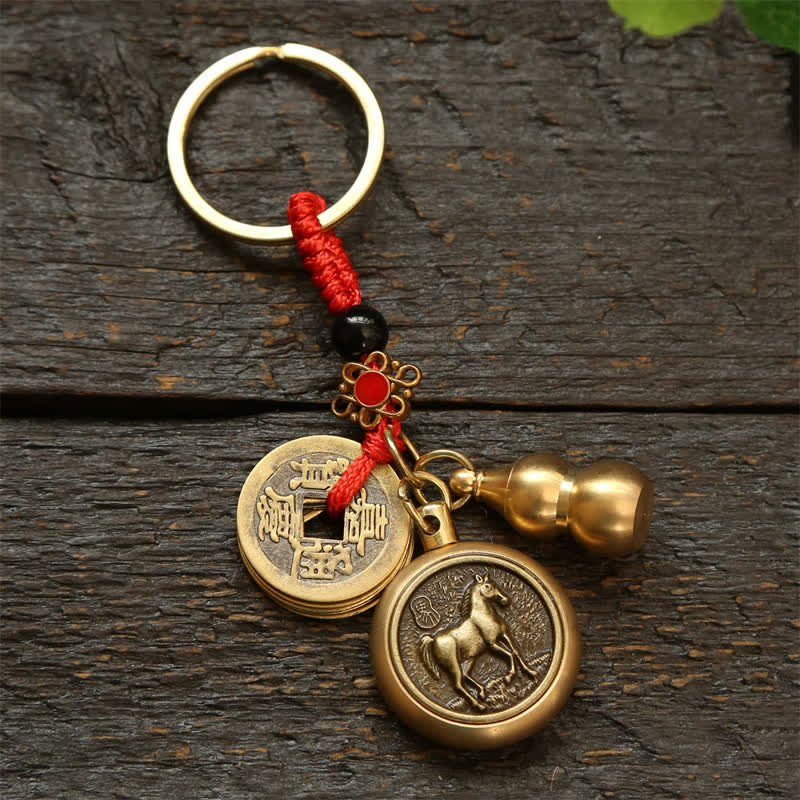 Nimara Ritual Copper Chinese Zodiac Five Emperor Coins Red String Wealth Keychains