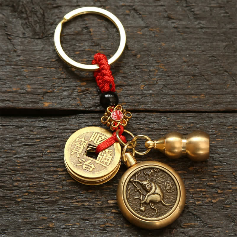Nimara Ritual Copper Chinese Zodiac Five Emperor Coins Red String Wealth Keychains
