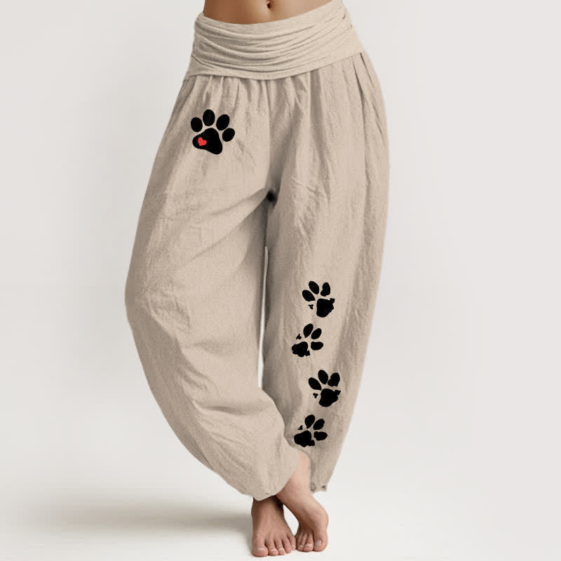 Nimara Ritual Pure Cotton White Paw Print Pattern Women's Elastic Waist Harem Pants