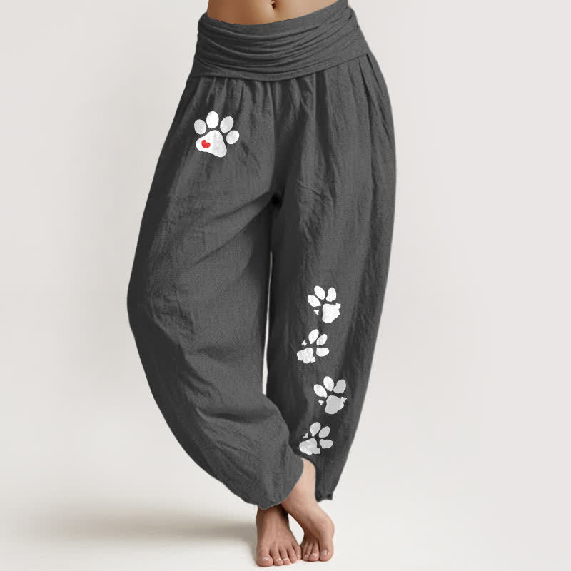 Nimara Ritual Pure Cotton White Paw Print Pattern Women's Elastic Waist Harem Pants