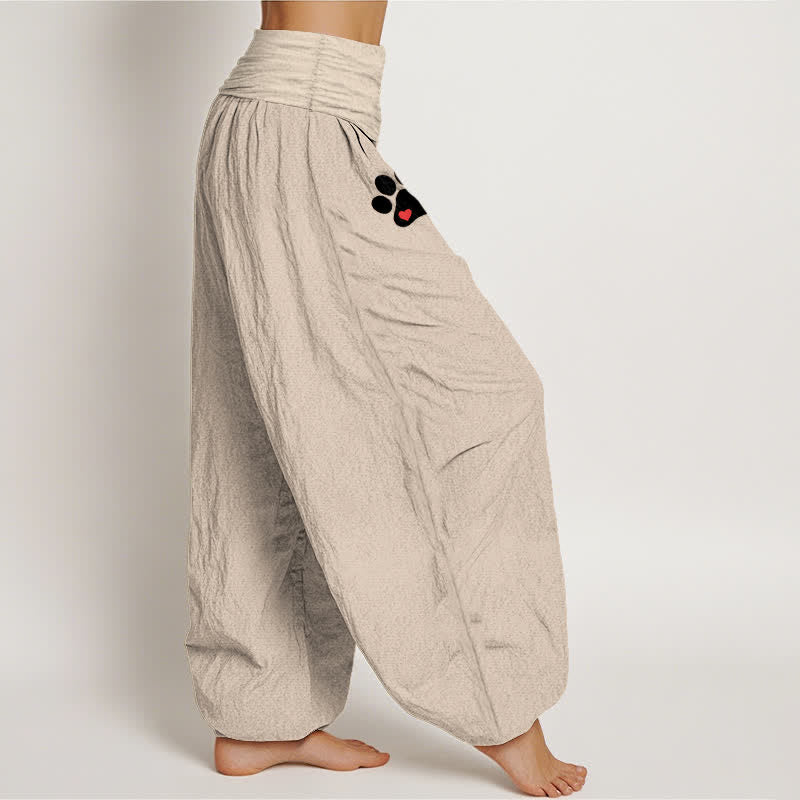 Nimara Ritual Pure Cotton White Paw Print Pattern Women's Elastic Waist Harem Pants