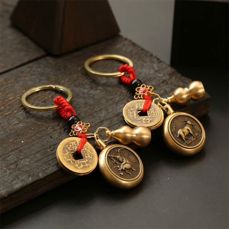 Nimara Ritual Copper Chinese Zodiac Five Emperor Coins Red String Wealth Keychains