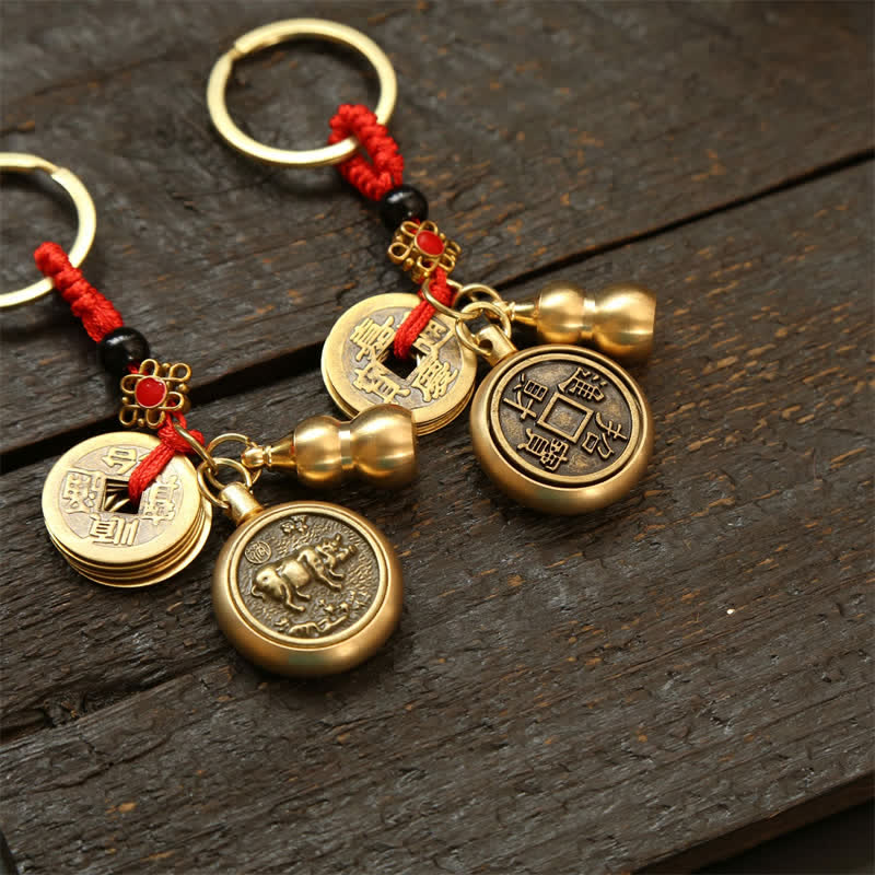 Nimara Ritual Copper Chinese Zodiac Five Emperor Coins Red String Wealth Keychains