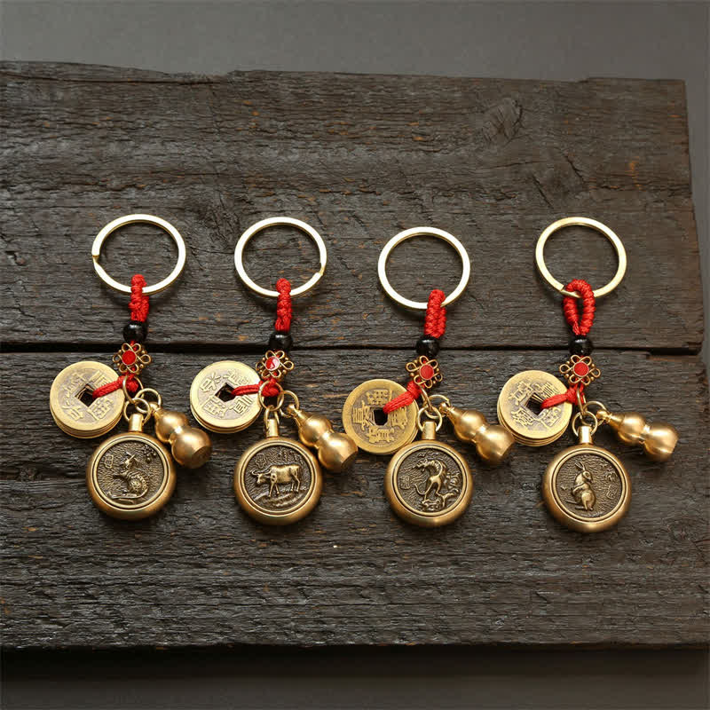 Nimara Ritual Copper Chinese Zodiac Five Emperor Coins Red String Wealth Keychains