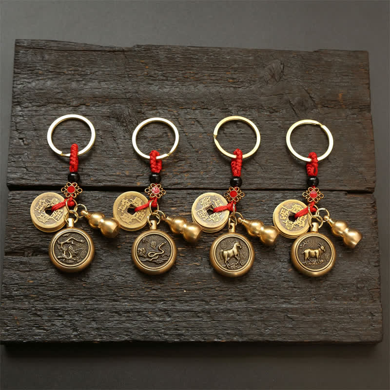 Nimara Ritual Copper Chinese Zodiac Five Emperor Coins Red String Wealth Keychains