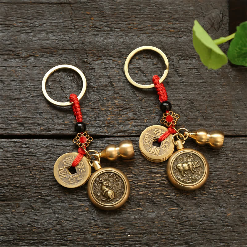 Nimara Ritual Copper Chinese Zodiac Five Emperor Coins Red String Wealth Keychains