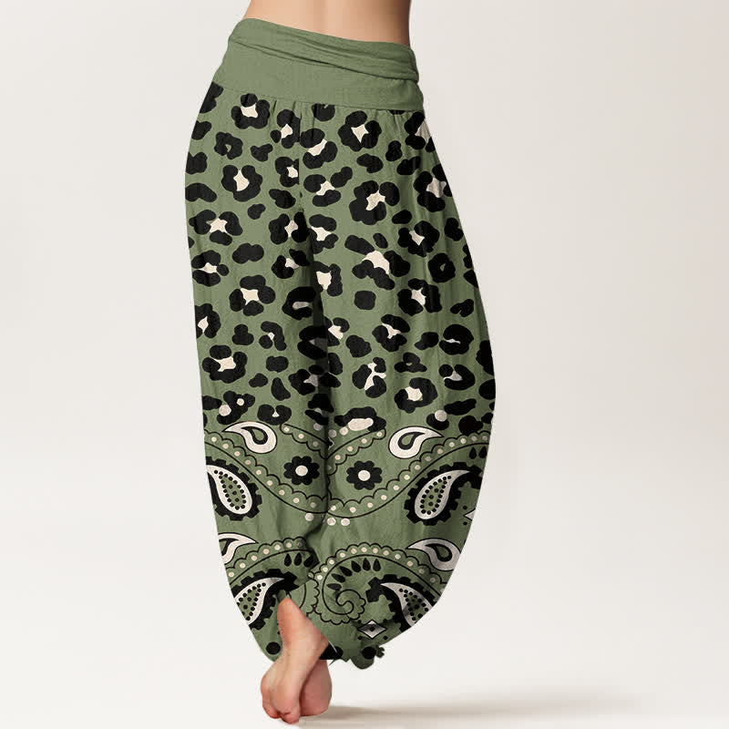 Nimara Ritual Cotton Olive Leopard Paisley Pattern Women's Elastic Waist Harem Pants