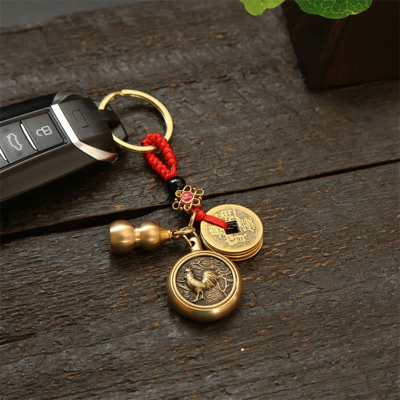 Nimara Ritual Copper Chinese Zodiac Five Emperor Coins Red String Wealth Keychains