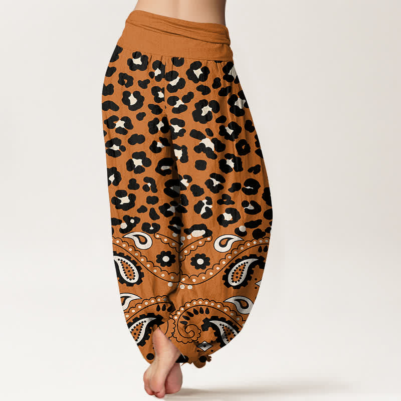 Nimara Ritual Cotton Olive Leopard Paisley Pattern Women's Elastic Waist Harem Pants