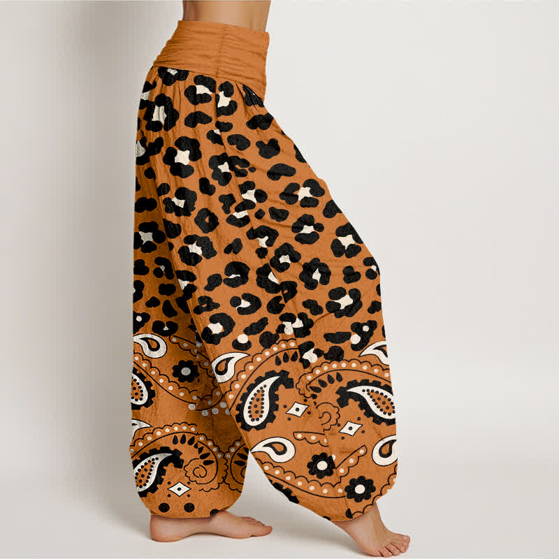 Nimara Ritual Cotton Olive Leopard Paisley Pattern Women's Elastic Waist Harem Pants