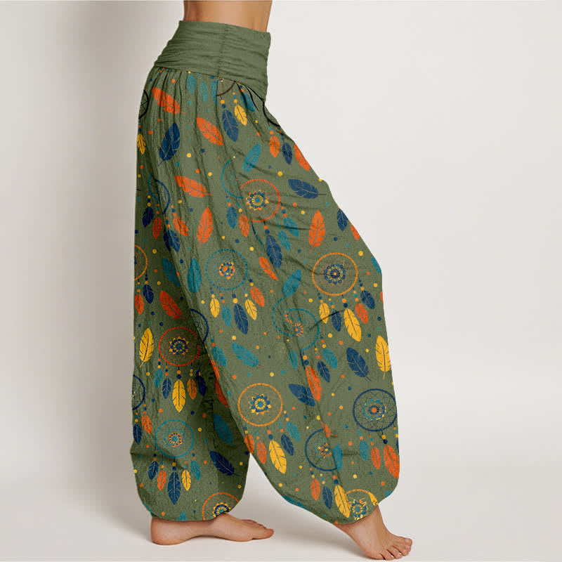 Nimara Ritual Cotton Dreamcatcher Feather Pattern Women's Elastic Waist Harem Pants