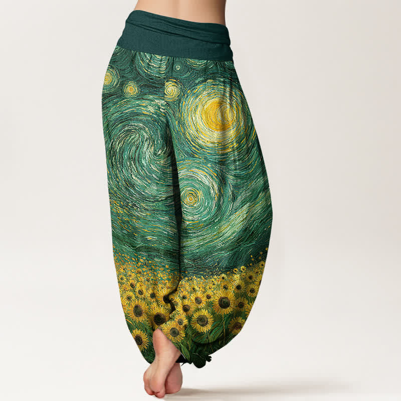 Nimara Ritual Cotton Starry Night Sunflower Pattern Women's Elastic Waist Harem Pants