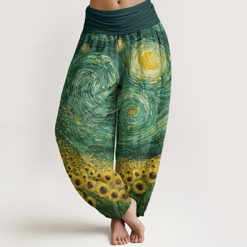Nimara Ritual Cotton Starry Night Sunflower Pattern Women's Elastic Waist Harem Pants