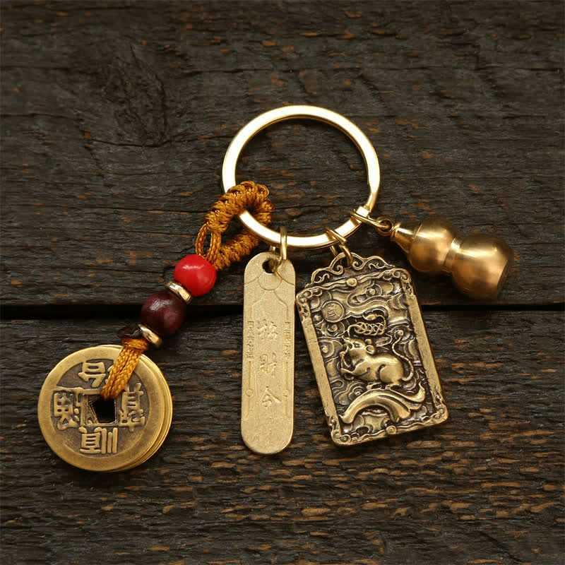 Nimara Ritual Copper Chinese Zodiac Five Emperor Coins Gourd Protection Keychains