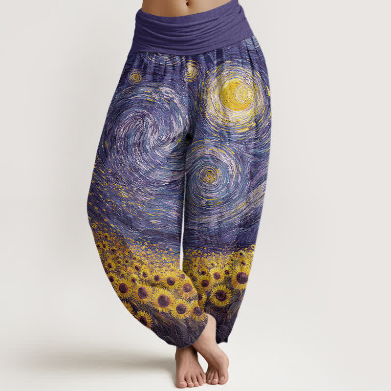 Nimara Ritual Cotton Starry Night Sunflower Pattern Women's Elastic Waist Harem Pants