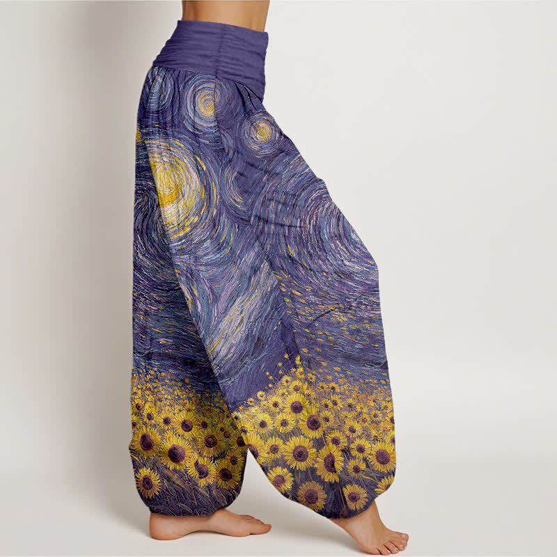 Nimara Ritual Cotton Starry Night Sunflower Pattern Women's Elastic Waist Harem Pants