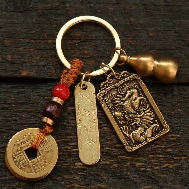 Nimara Ritual Copper Chinese Zodiac Five Emperor Coins Gourd Protection Keychains