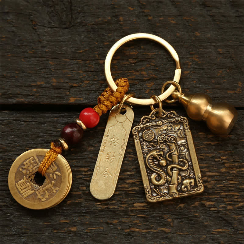 Nimara Ritual Copper Chinese Zodiac Five Emperor Coins Gourd Protection Keychains