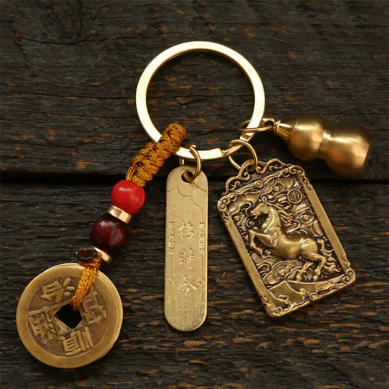 Nimara Ritual Copper Chinese Zodiac Five Emperor Coins Gourd Protection Keychains