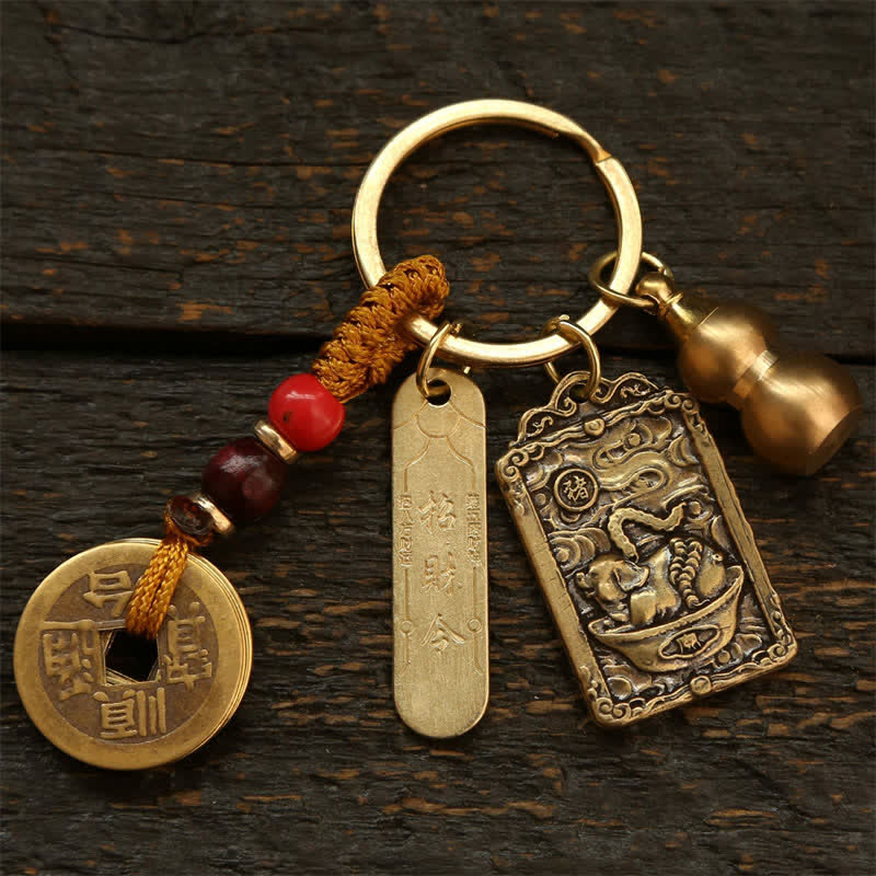 Nimara Ritual Copper Chinese Zodiac Five Emperor Coins Gourd Protection Keychains