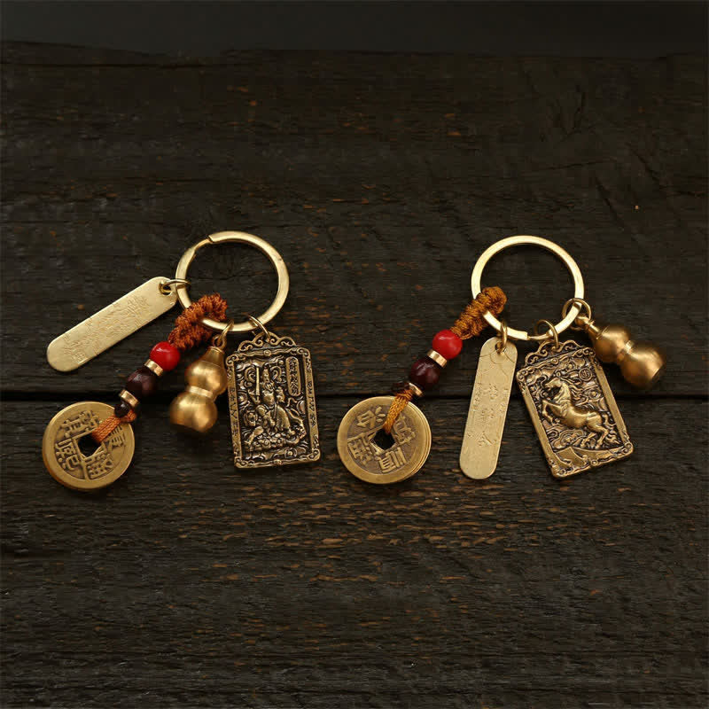 Nimara Ritual Copper Chinese Zodiac Five Emperor Coins Gourd Protection Keychains