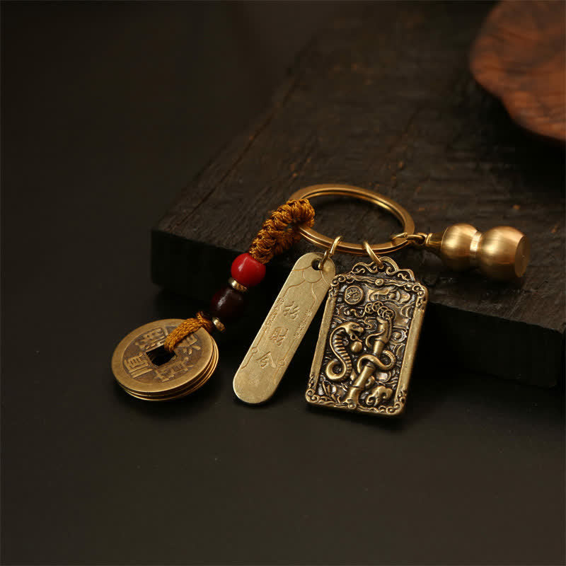 Nimara Ritual Copper Chinese Zodiac Five Emperor Coins Gourd Protection Keychains