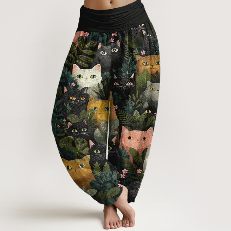 Nimara Ritual Cotton Cartoon Cat Leaf Pattern Women's Elastic Waist Harem Pants