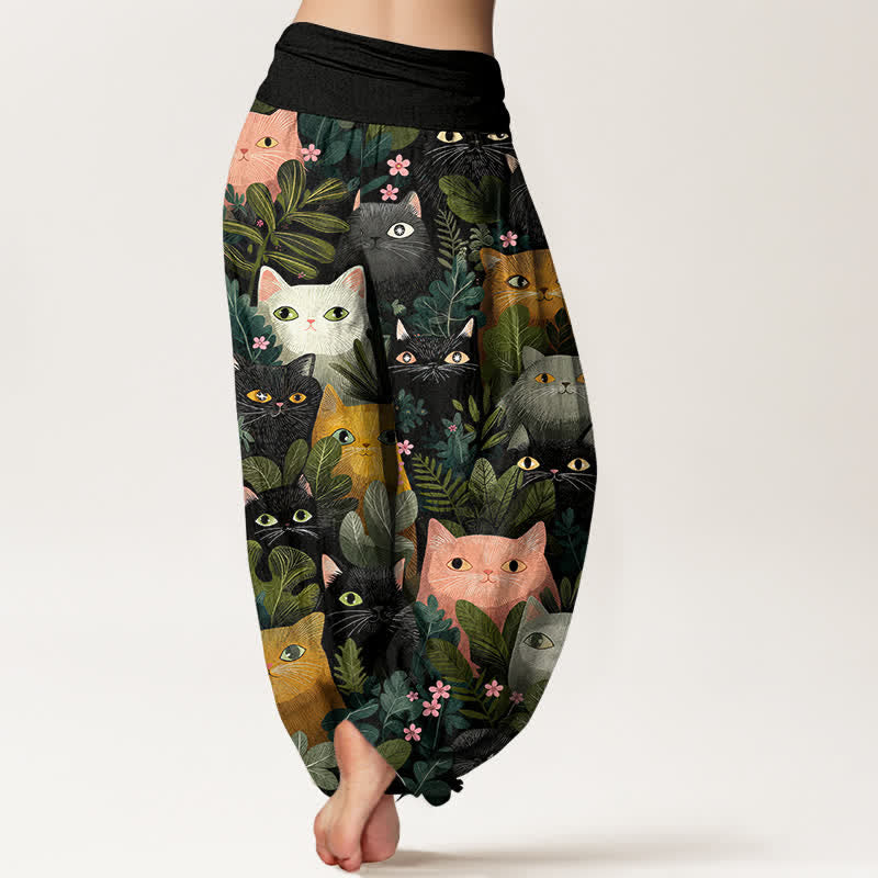 Nimara Ritual Cotton Cartoon Cat Leaf Pattern Women's Elastic Waist Harem Pants