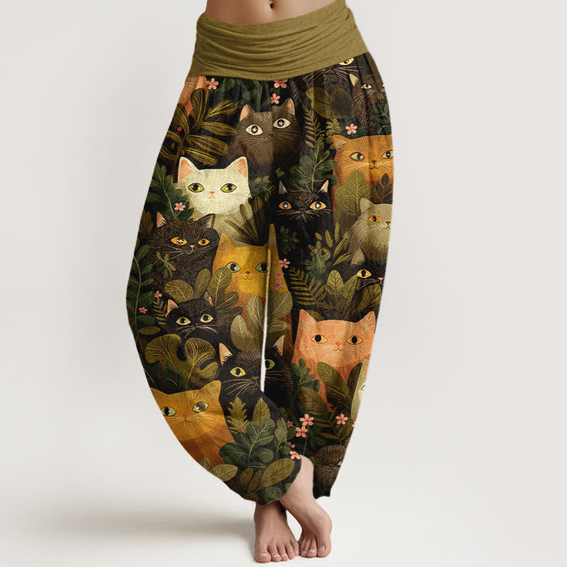 Nimara Ritual Cotton Cartoon Cat Leaf Pattern Women's Elastic Waist Harem Pants