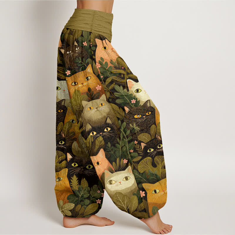 Nimara Ritual Cotton Cartoon Cat Leaf Pattern Women's Elastic Waist Harem Pants