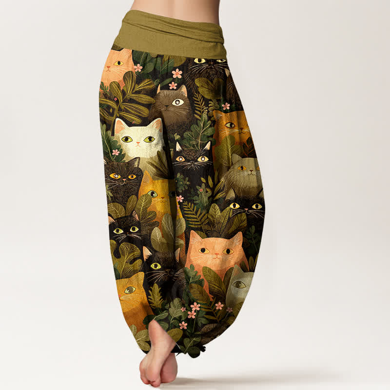 Nimara Ritual Cotton Cartoon Cat Leaf Pattern Women's Elastic Waist Harem Pants