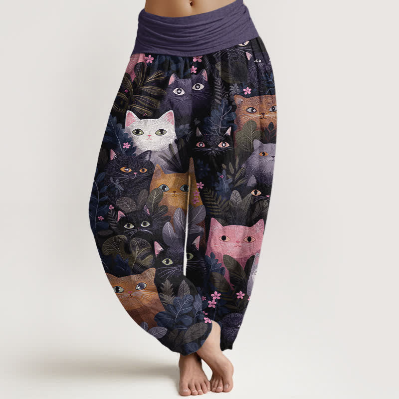 Nimara Ritual Cotton Cartoon Cat Leaf Pattern Women's Elastic Waist Harem Pants