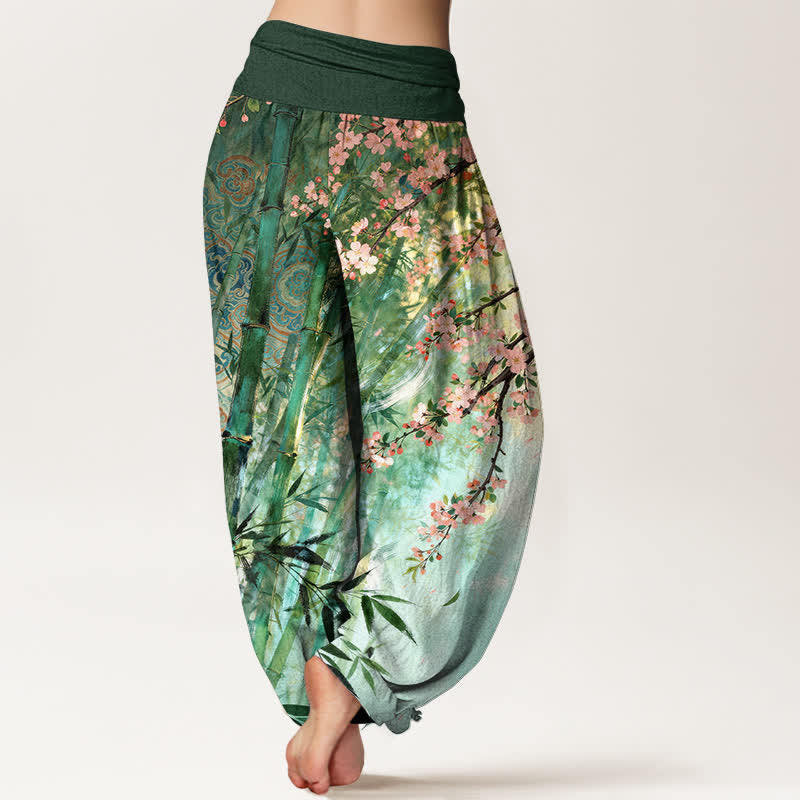 Nimara Ritual Cotton Bamboo Cherry Blossom Pattern Women's Elastic Waist Harem Pants