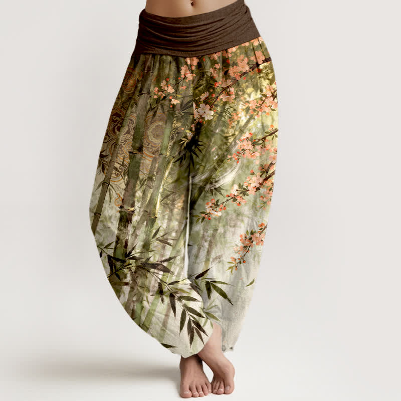 Nimara Ritual Cotton Bamboo Cherry Blossom Pattern Women's Elastic Waist Harem Pants