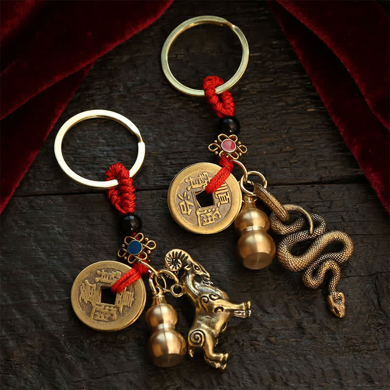 Nimara Ritual Copper Chinese Zodiac Five Emperor Coins Gourd Wealth Keychains
