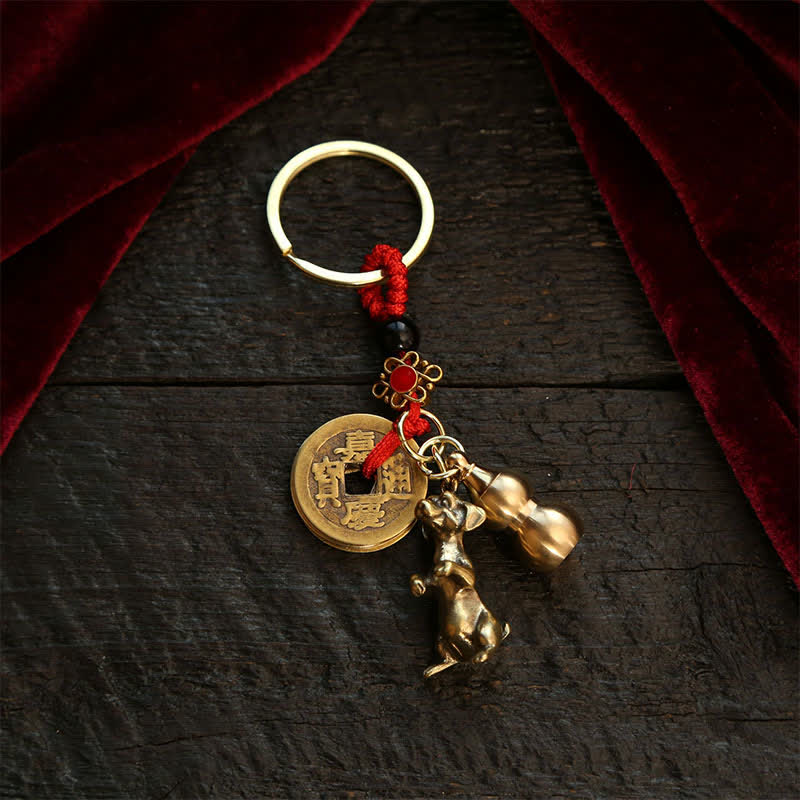 Nimara Ritual Copper Chinese Zodiac Five Emperor Coins Gourd Wealth Keychains