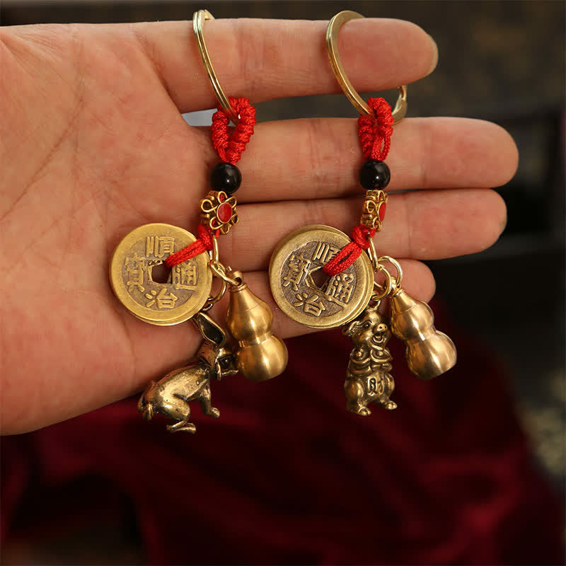 Nimara Ritual Copper Chinese Zodiac Five Emperor Coins Gourd Wealth Keychains