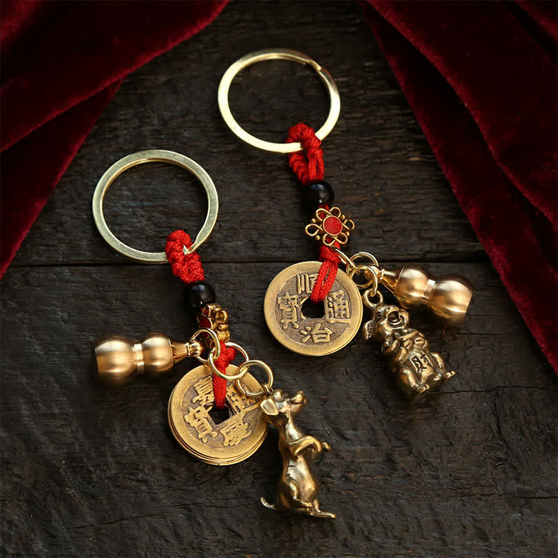 Nimara Ritual Copper Chinese Zodiac Five Emperor Coins Gourd Wealth Keychains
