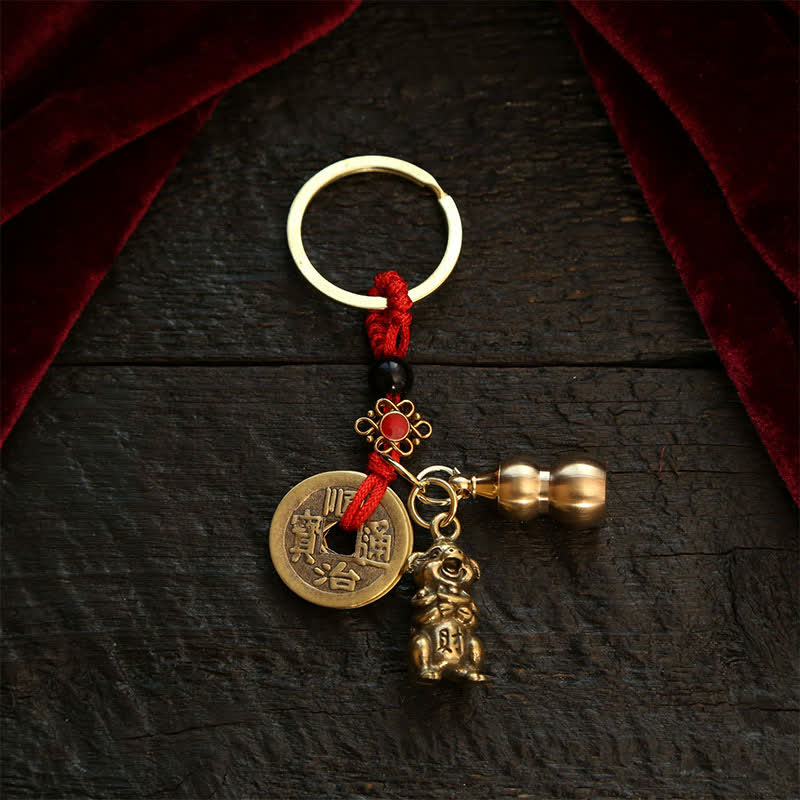 Nimara Ritual Copper Chinese Zodiac Five Emperor Coins Gourd Wealth Keychains