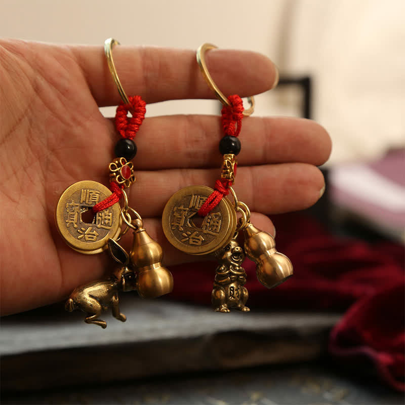 Nimara Ritual Copper Chinese Zodiac Five Emperor Coins Gourd Wealth Keychains