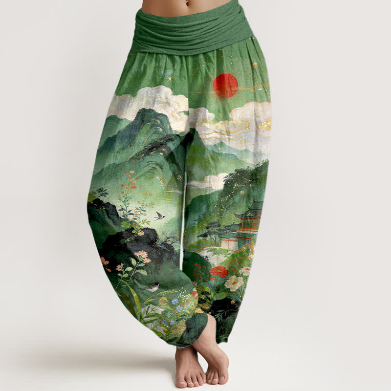 Nimara Ritual Cotton Mountain Pavilion Sun Pattern Women's Elastic Waist Harem Pants