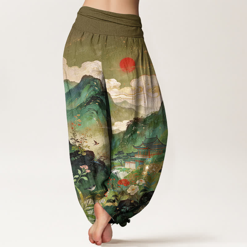 Nimara Ritual Cotton Mountain Pavilion Sun Pattern Women's Elastic Waist Harem Pants