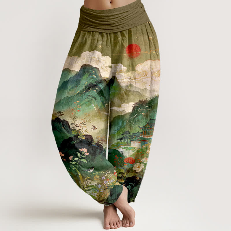 Nimara Ritual Cotton Mountain Pavilion Sun Pattern Women's Elastic Waist Harem Pants